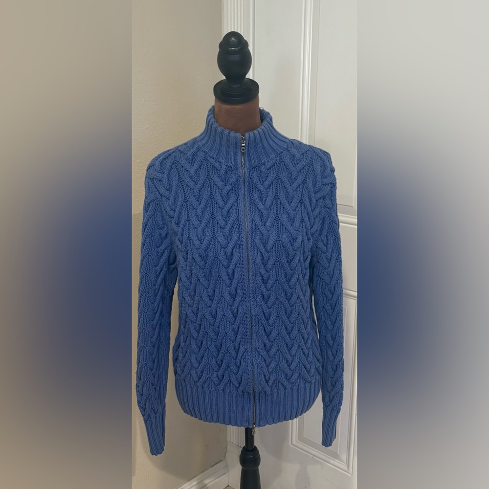 Lands' End Blue Cable Knit Turtleneck Sweater